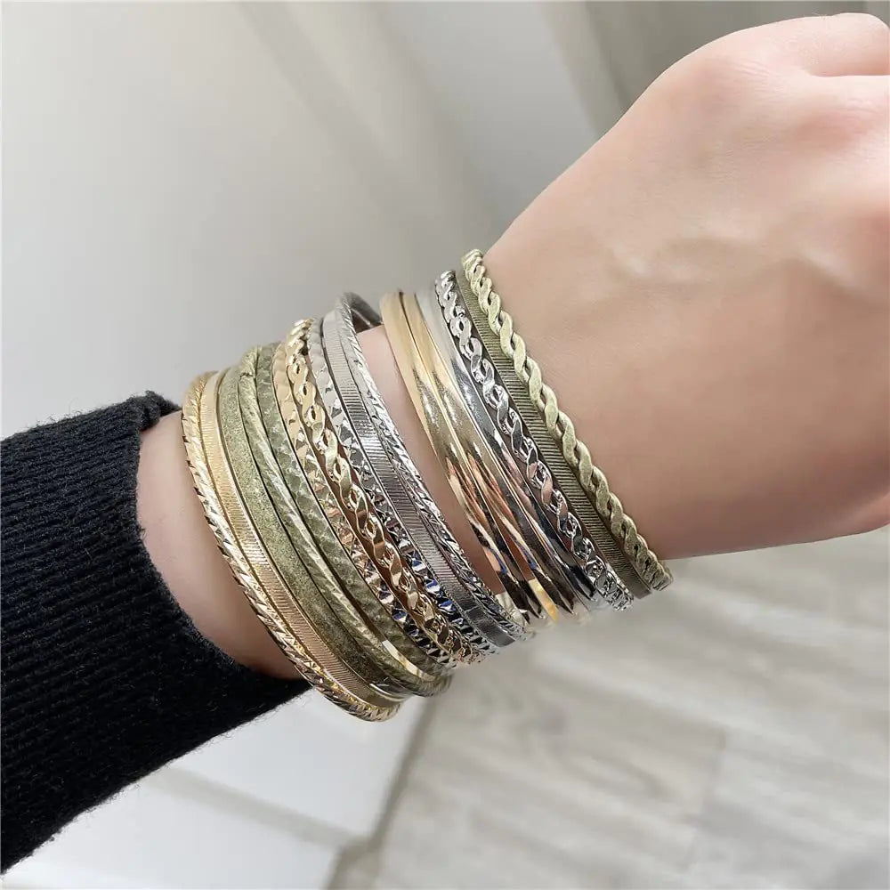 Gold Bangle Bracelets - 16Pcs - Multi Layer Stackable Textured Bracelets Boho Jewelrys Set. B set 16pc multi