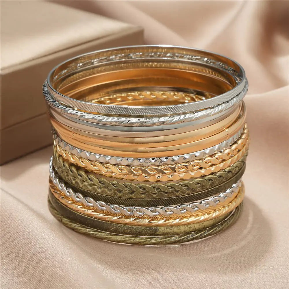 Gold Bangle Bracelets - 16Pcs - Multi Layer Stackable Textured Bracelets Boho Jewelrys Set. B set 16pc multi