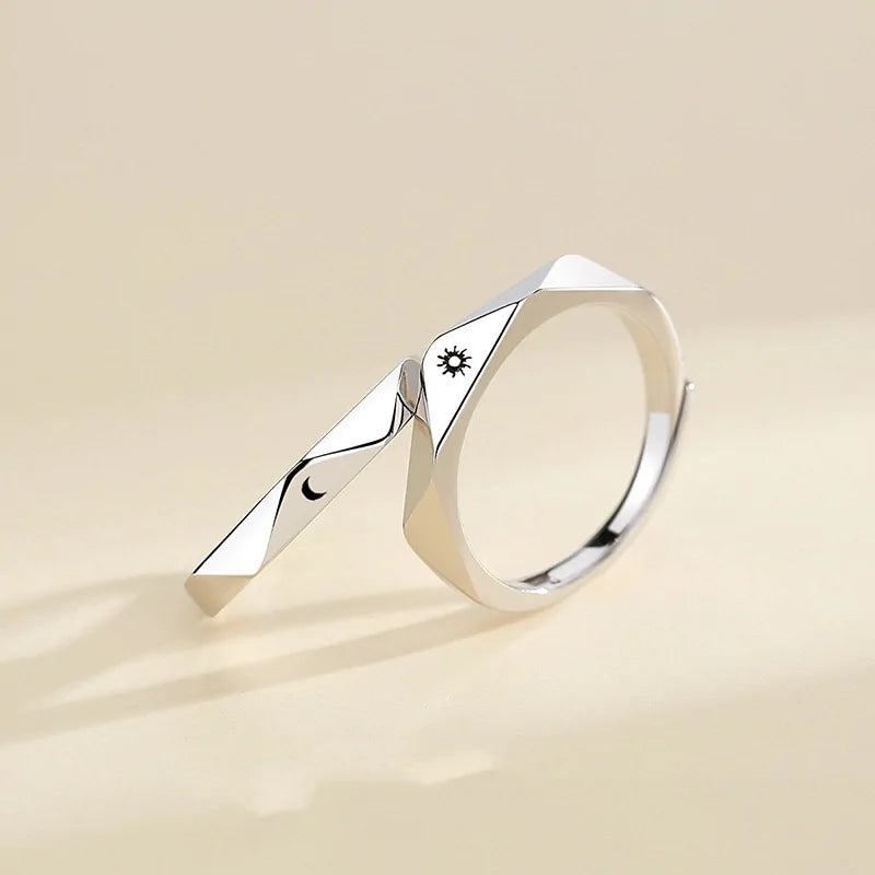 Silver Sun Moon Ring - Couple Engagement Jewelry