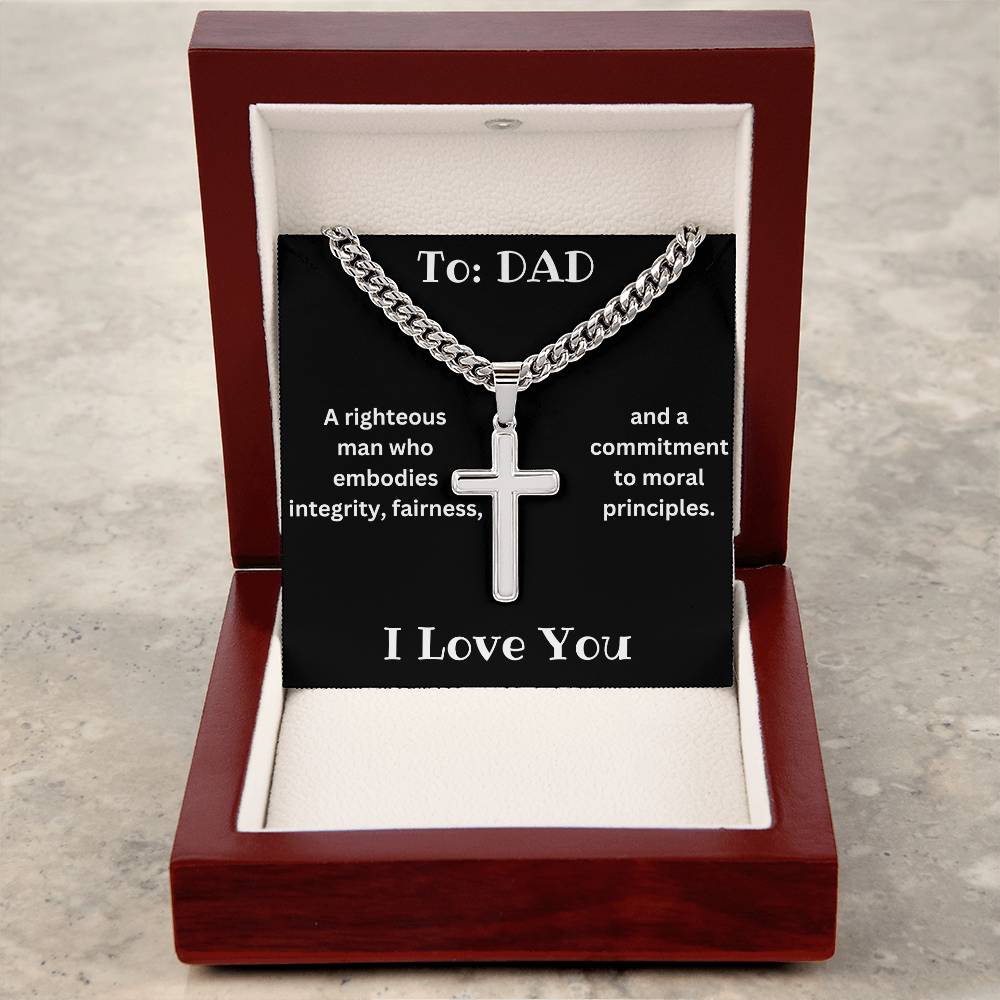 Artisan Cross Necklace on Cuban Chain - To Dad - I Love you